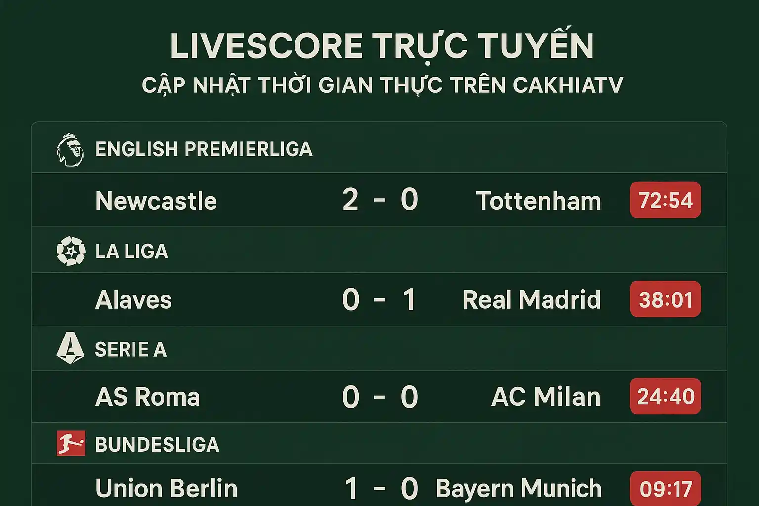 CakhiaTV hiển thị Livescore bóng đá chính xác từng giây